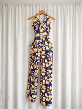 ModCloth Genuine Genius Navy Blue Orange Bold Retro Floral Print Halter Jumpsuit